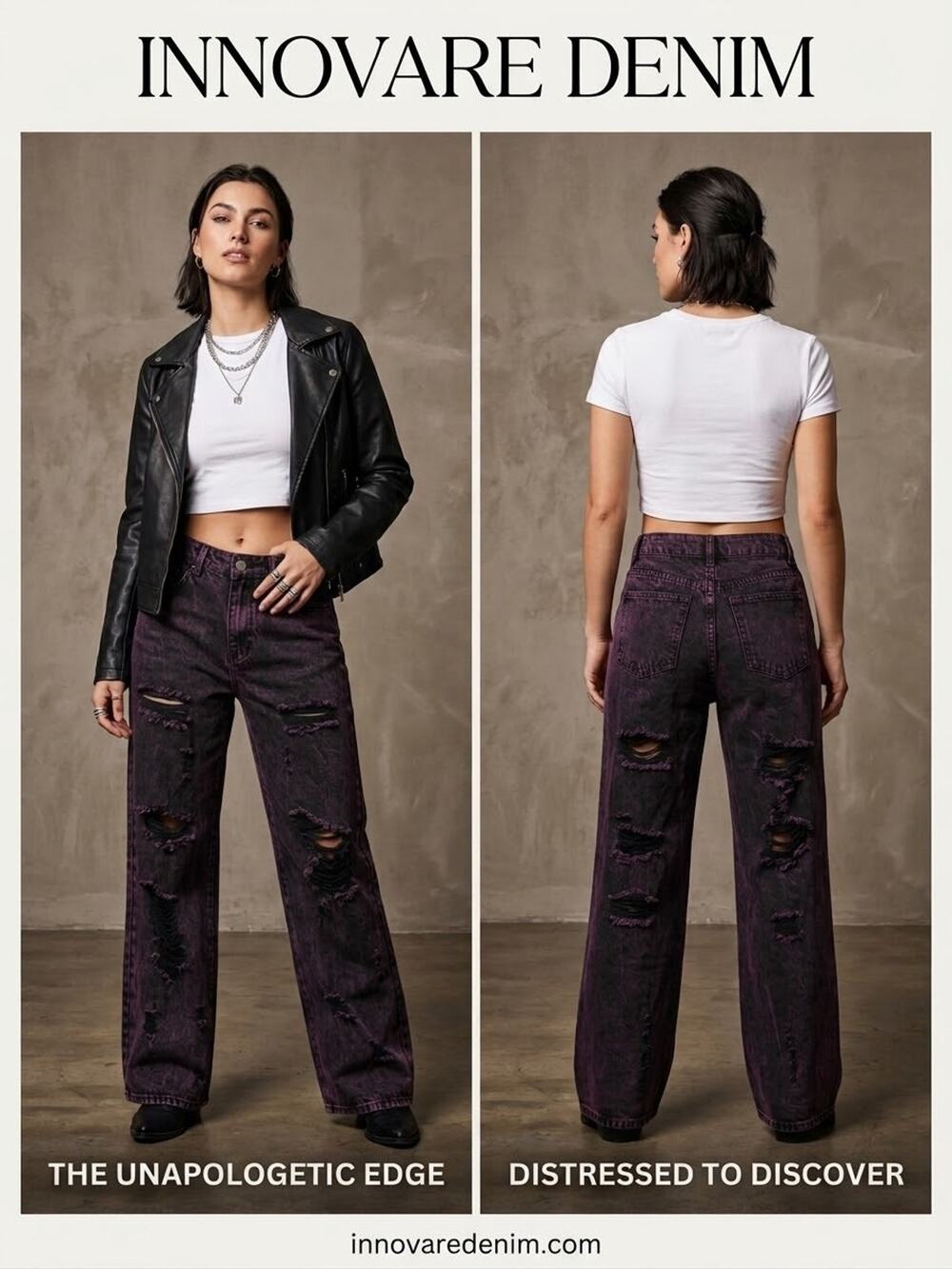 Innovare Denim Women's Purple Acid Wash Distressed Wide Leg Jeans High Rise S
